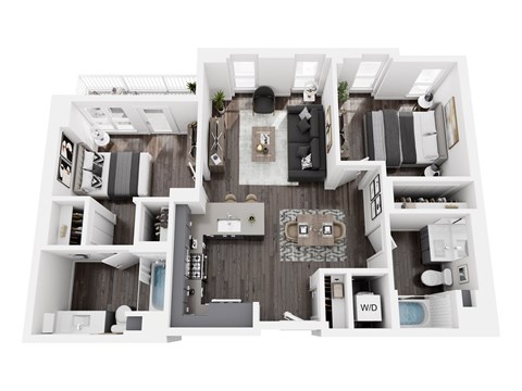 A top-down view of a modern apartment layout.